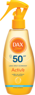 Dax Sun Active SPF 50, lekki spray ochronny do ciała, żółta butelka z pompką, wodoodporny, ochrona tatuaży.