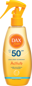 Dax Sun Active SPF 50 lekki, wodoodporny spray ochronny w żółtej butelce z atomizerem, widok z przodu.