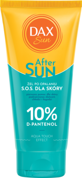 Dax Sun After Sun żel po opalaniu w żółto-turkusowej tubce z napisem 10% D-Pantenol, widok z przodu.