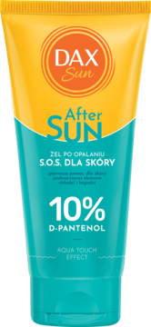 DAX Sun After Sun Żel SOS, żółto-niebieska tubka z 10% D-Pantenolem i Aqua Touch Effect, widok z przodu.