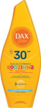 Żółta butelka emulsji ochronnej Dax Sun Rodzinna SPF 30, wodoodporna, dla całej rodziny, widok z przodu.