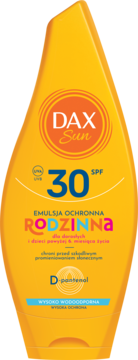 Żółta butelka emulsji ochronnej Dax Sun Rodzinna SPF 30, wodoodporna, dla całej rodziny, widok z przodu.