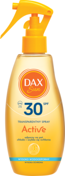 Dax Sun Active SPF 30 transparentny spray, żółta butelka z pomarańczowym logo, widok z przodu.