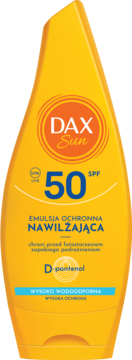 Żółta emulsja Dax Sun SPF 50 Nawilżająca, widok z przodu opakowania, napis 'WYSOKO WODOODPORNA'.