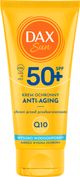 Żółta tuba Dax Sun Anti-Aging SPF 50+ z pomarańczowym logo i niebieskim tekstem, widok z przodu.