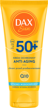 Żółta tuba Dax Sun Anti-Aging SPF 50+ z pomarańczowym logo i niebieskim tekstem, widok z przodu.