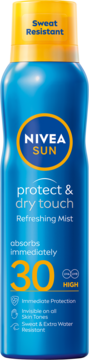 NIVEA SUN Protect & Dry Touch SPF 30 Refreshing Mist, niebieski aerozol, potoodporny, widok z przodu.