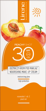 Lirene Peachy Shot Nourishing Make-up Cream SPF 30. Białe opakowanie z owocami brzoskwini i pomarańczowym logo.