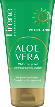 Lirene Aloe Vera chłodzący żel po opalaniu w zielonej tubce ze złotym korkiem, widok z przodu.