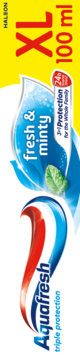 Aquafresh Triple Protection pasta do zębów XL 100ml, fresh & minty, biało-niebieskie opakowanie, widok z przodu, pionowo.