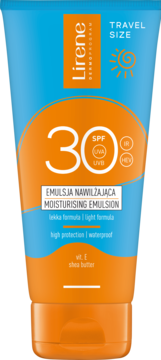 Niebiesko-pomarańczowa tubka kremu Lirene SPF 30 Travel Size, przód opakowania z napisem "Moisturising Emulsion".