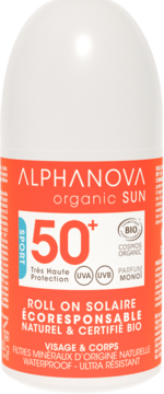 ALPHANOVA Organic Sun Sport,roll on przeciwłoneczny do twarzy i ciała, mineralny, wodoodporny, SPF 50+,przód
