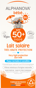 Frontal view of Alphanova Bebe SPF 50+ sun milk, white-orange carton, koala, high protection for sensitive skin.