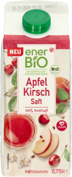 Sok enerBiO Apfel Kirsch Saft w białym kartonie 0,75l z zieloną nakrętką, widok z przodu. Zawiera 100% soku.