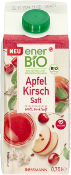 Sok enerBiO Apfel Kirsch Saft w białym kartonie 0,75l z zieloną nakrętką, widok z przodu. Zawiera 100% soku.