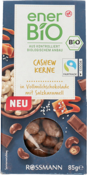 enerBIO Cashew Kerne w mlecznej czekoladzie z solonym karmelem, niebieskie opakowanie 85g 'NEU', widok z przodu.