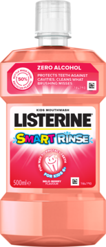 Listerine Smart Rinse Kids Mouthwash 500ml, różowy, o smaku jagodowym, bez alkoholu, widok z przodu.