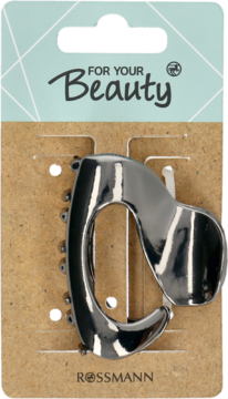 Metalowa klamra do włosów FOR YOUR Beauty, czarna, o nieregularnym kształcie, z połyskiem, na opakowaniu Rossmann.