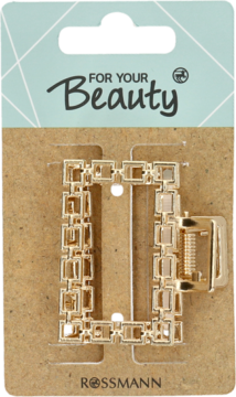 Złota, prostokątna klamra do włosów For Your Beauty, ażurowy geometryczny wzór, widok z przodu.