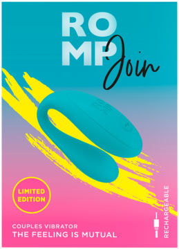 Romp Join teal C-shaped couples vibrator, front view, limited edition. Vibrant teal, pink, yellow background.