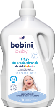 Biała butelka Bobini Baby, hipoalergiczny płyn 2.5L do prania ubranek, z niebieską etykietą i zdjęciem dziecka.