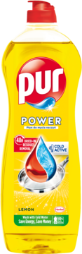 Żółta butelka płynu Pur Power Lemon do naczyń. Widok z przodu, czerwona nakrętka, etykieta z kroplami.