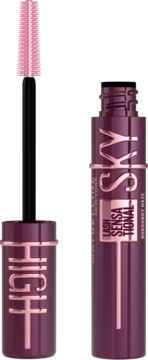 Otwarty tusz Maybelline Lash Sensational Sky High Burgundy Haze, burgundowa butelka z wysuniętą różową szczoteczką.