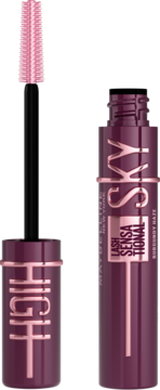 Otwarty tusz Maybelline Lash Sensational Sky High Burgundy Haze, burgundowa butelka z wysuniętą różową szczoteczką.