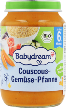 Słoik Babydream Couscous-Gemüse-Pfanne, obiad dla niemowląt od 6 miesiąca, z widocznymi warzywami i kaszą kuskus.