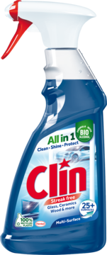 Clin Multishine, streak-free multi-surface cleaner with bio-alcohol, in a blue spray bottle, front view.