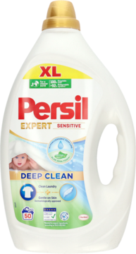 Persil Deep Clean Expert Sensitive, żel do prania w białej butelce XL ze złotą nakrętką, widok z przodu, napis 50 prań.