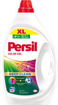 Żel Persil Color Gel Deep Clean XL w dużej, białej butelce z czerwoną nakrętką i barwną etykietą, widok z przodu.