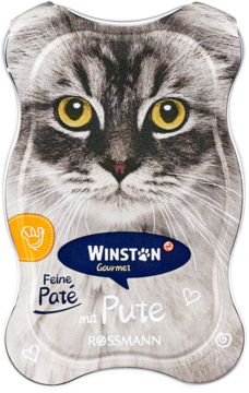 Winston Gourmet Feine Paté z indykiem, karma dla kota w szarym opakowaniu w kształcie głowy kota, widok z przodu.