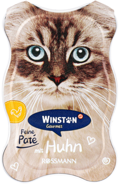 Karma Winston Gourmet Feine Paté z kurczakiem dla kota, opakowanie z wizerunkiem puszystego kota o niebieskich oczach.