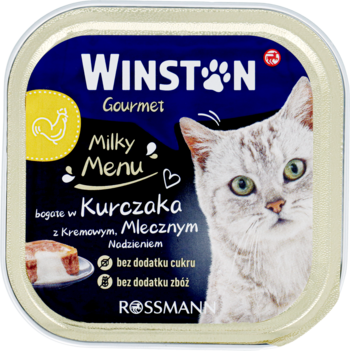 Kwadratowa tacka Winston Gourmet Milky Menu dla kota, kurczak z mlekiem, biały kot, widok z góry.