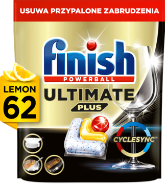 Finish Ultimate Plus cytrynowe kapsułki do zmywarki, 62 szt. w czarno-złotym opakowaniu, usuwają przypalone zabrudzenia.