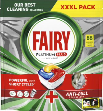 Fairy Platinum Plus kapsułki do zmywarki, 88 sztuk w srebrnym opakowaniu XXL, widok z przodu.