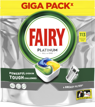 Srebrna torba GIGA PACK Fairy Platinum All In One, 113 kapsułek, z czerwonym logo i widoczną kapsułką.