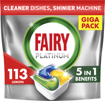 Fairy Platinum Lemon All In One Giga Pack 113 kapsułek w srebrnej torbie, z widoczną kapsułką 5w1 z żelami.