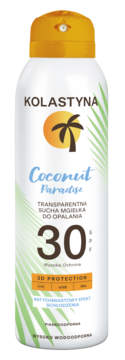 Mgiełka do opalania Kolastyna Coconut Paradise SPF 30 w białej butelce z pomarańczowym rozpylaczem, widoczna z przodu.
