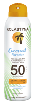 Mgiełka Kolastyna Coconut Paradise SPF 50 w białej butelce z pomarańczowym korkiem, widok z przodu.