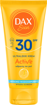 Żółta tubka kremu ochronnego Dax Sun Active SPF 30. Ultralekki, wodoodporny i odporny na pot krem.