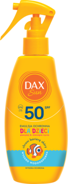 Żółta emulsja ochronna Dax Sun SPF 50 dla dzieci, butelka z atomizerem i grafiką rybki.