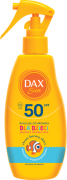 Żółta emulsja ochronna Dax Sun SPF 50 dla dzieci, butelka z atomizerem i grafiką rybki.