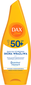 DAX Sun emulsja ochronna SPF 50+ do skóry wrażliwej w żółtej butelce, widok z przodu.