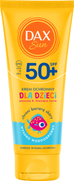 Żółta tubka kremu ochronnego Dax Sun SPF 50+ dla dzieci, widok z przodu, z kolorową rybką.