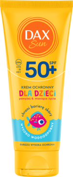 Dax Sun SPF 50+ krem ochronny dla dzieci w żółtej tubce z rybką, widok z przodu, bardzo wodoodporny.