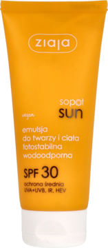 Ziaja Sopot Sun SPF 30, wodoodporna wegańska emulsja do twarzy i ciała w pomarańczowej tubce, widok z przodu.