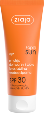 Pomarańczowa tuba Ziaja Sopot Sun SPF 30, fotostabilna wegańska emulsja do twarzy i ciała, z białą nakrętką.
