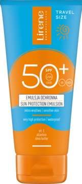 Lirene SPF 50+ Sun Protection Emulsion for sensitive skin, waterproof, travel size blue/orange tube, front.